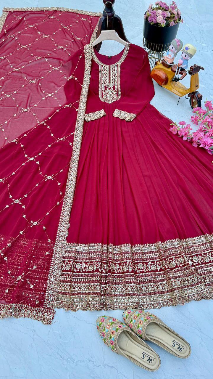 Admiring Maroon Party Wear Gown & Dupatta Set With Sequence Embroidery Work ( MAS_ZB_5044 )