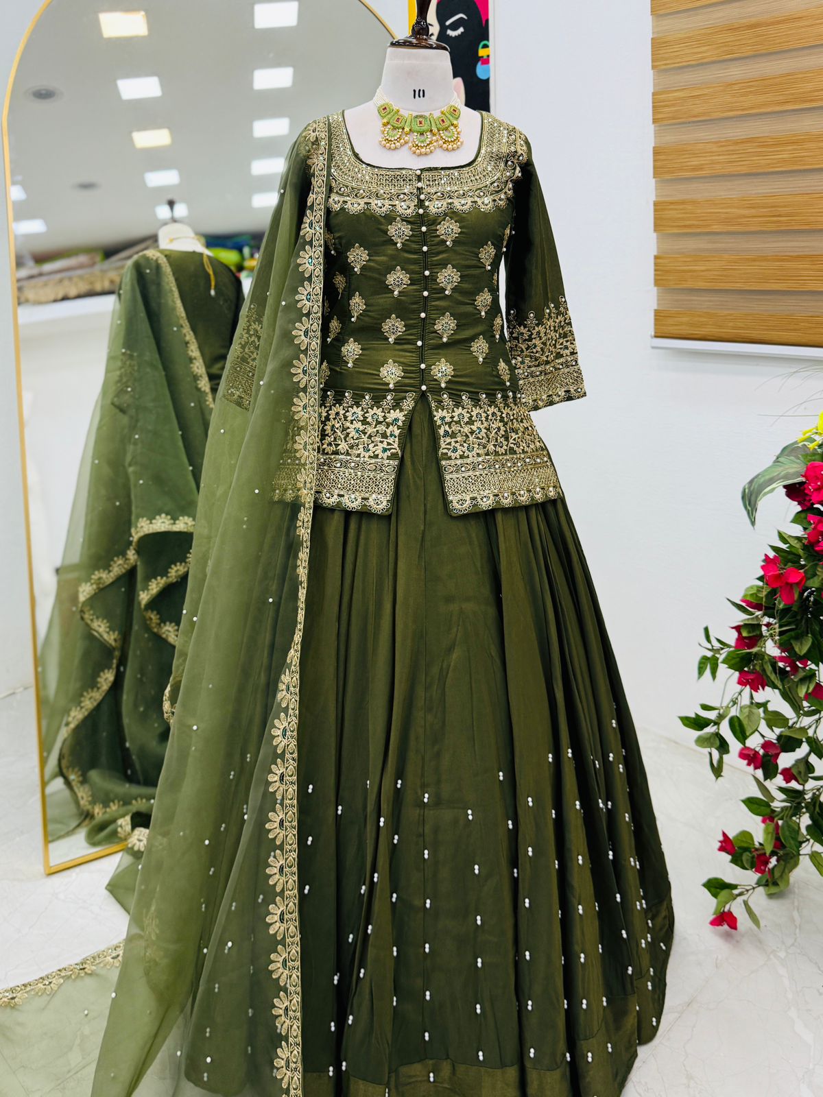 Party Wear Mehendi Lehenga Crop Top & Dupatta Set With Bids & Sequence Embroidery Work (MAS_ZC_9008_Mehendi)