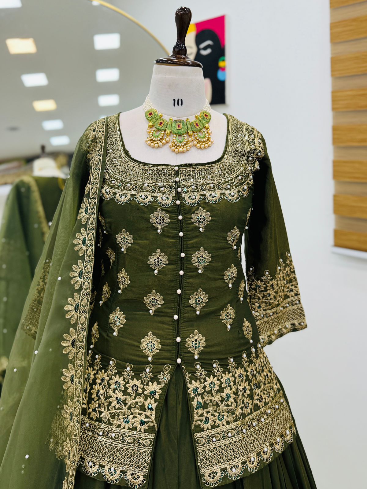 Party Wear Mehendi Lehenga Crop Top & Dupatta Set With Bids & Sequence Embroidery Work (MAS_ZC_9008_Mehendi)