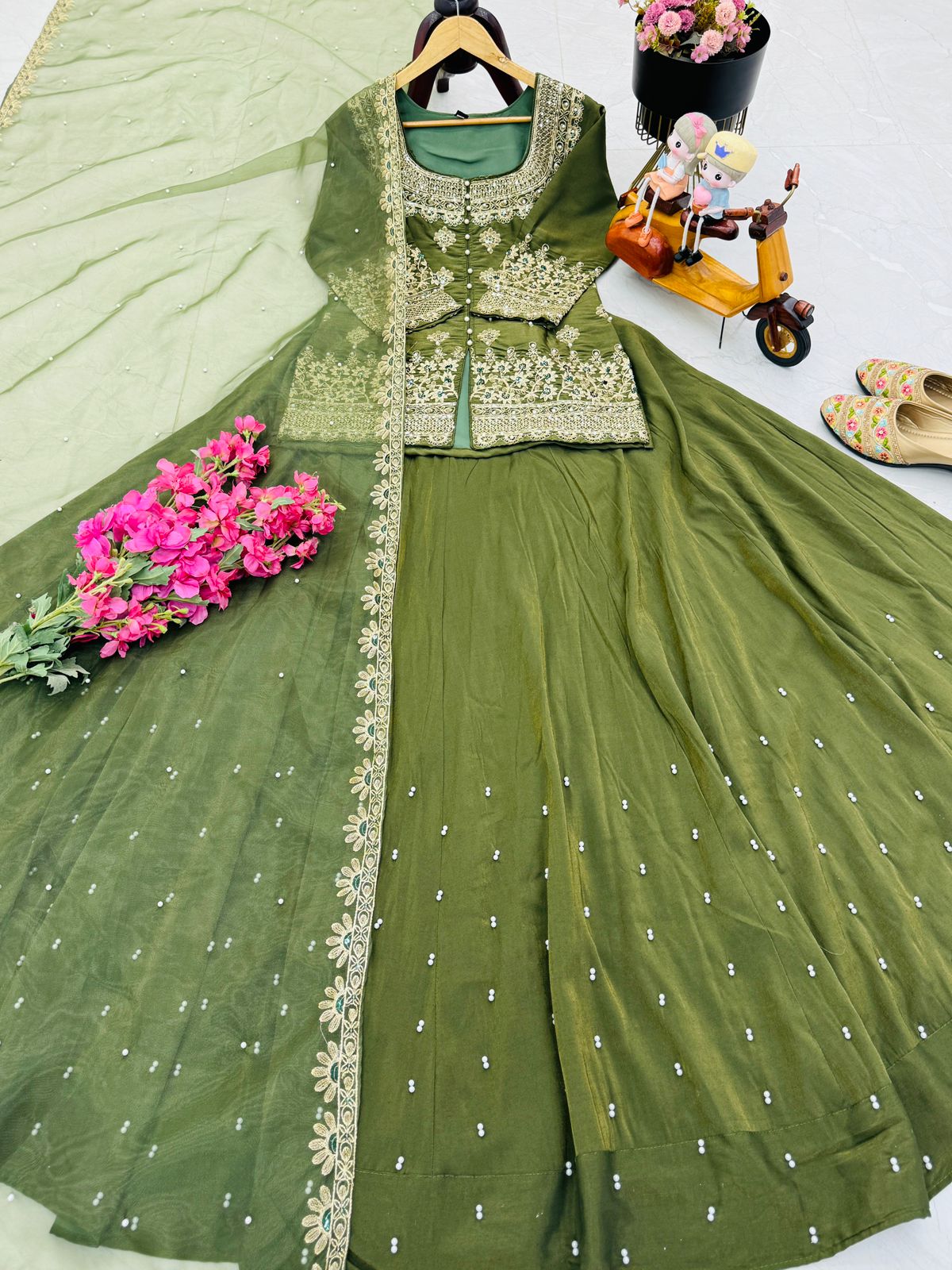 Party Wear Mehendi Lehenga Crop Top & Dupatta Set With Bids & Sequence Embroidery Work (MAS_ZC_9008_Mehendi)