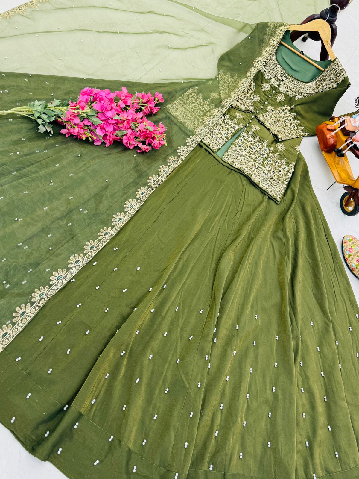 Party Wear Mehendi Lehenga Crop Top & Dupatta Set With Bids & Sequence Embroidery Work (MAS_ZC_9008_Mehendi)