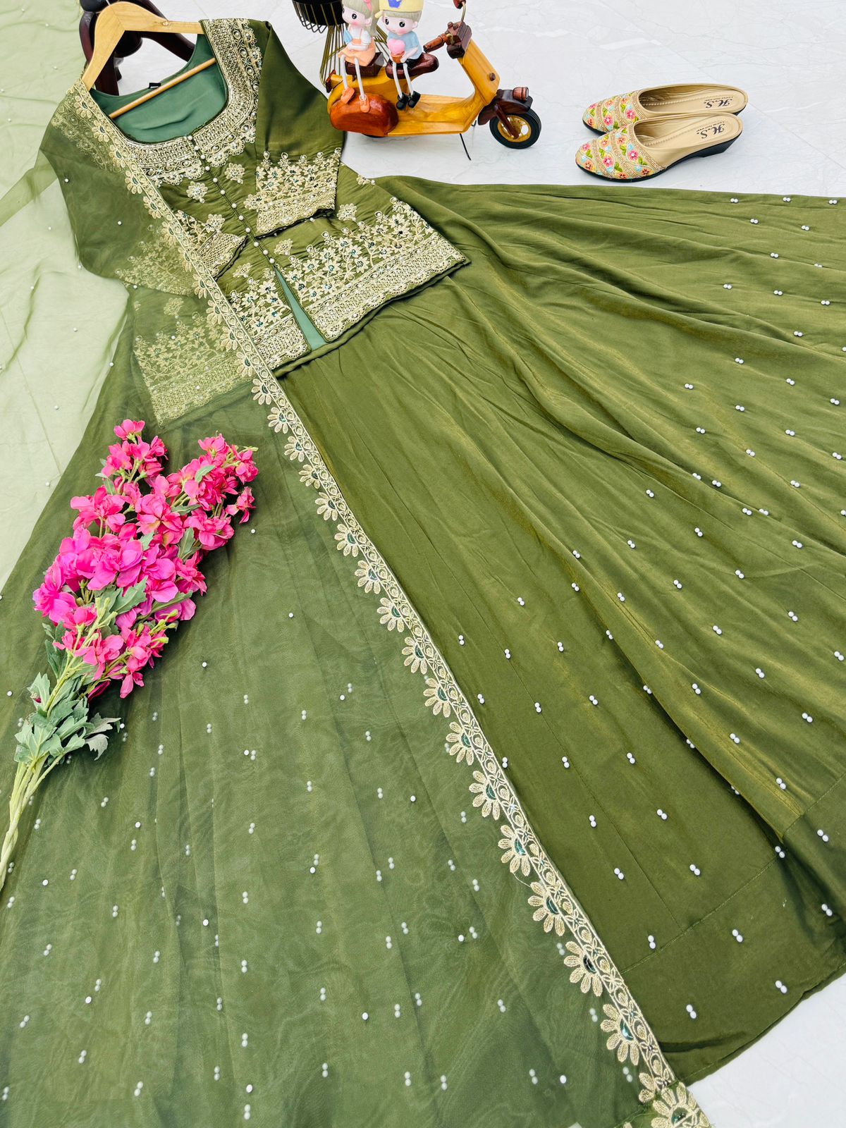 Party Wear Mehendi Lehenga Crop Top & Dupatta Set With Bids & Sequence Embroidery Work (MAS_ZC_9008_Mehendi)