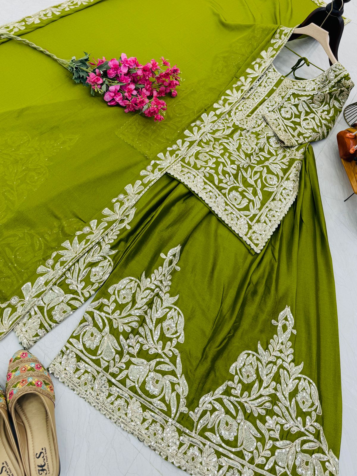 Pretty Sharara & Dupatta Set With Cording Sequence Embroidery Work ( MAS_ZD_10095_Mehendi )