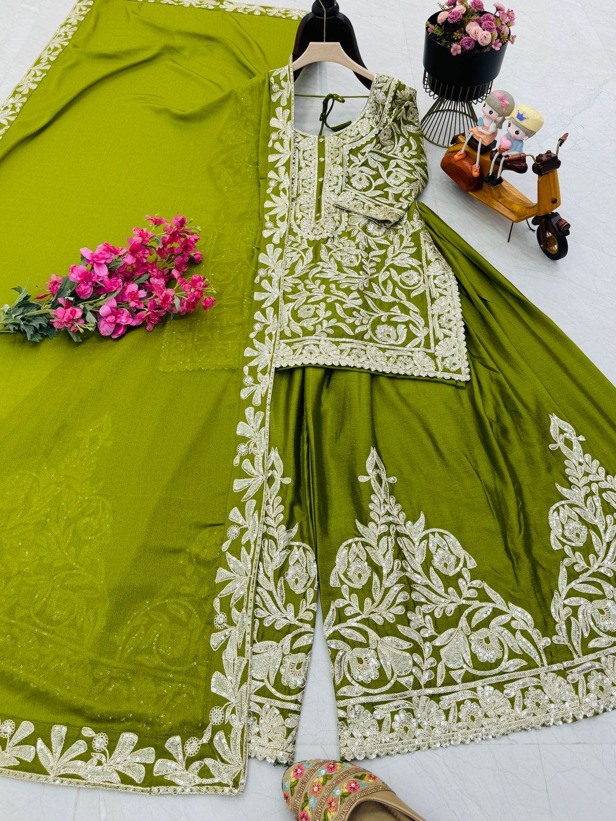 Pretty Sharara & Dupatta Set With Cording Sequence Embroidery Work ( MAS_ZD_10095_Mehendi )