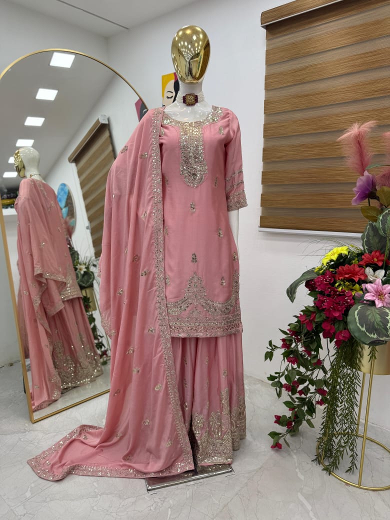 Festive Wear Pink Plazzo & Dupatta Set With Sequence Embroidery Work (MAS_ZF_6003_Pink)