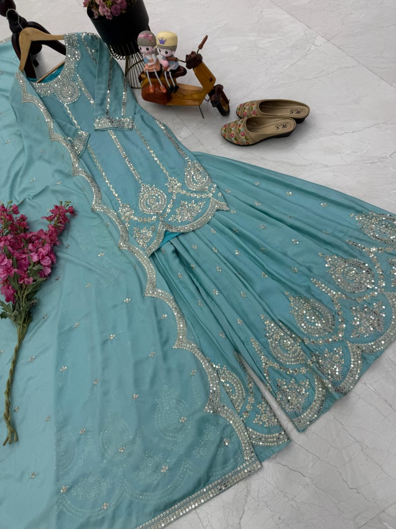 Trendy Party Wear Plazzo & Dupatta Set With Sequence Embroidery Work (MAS_ZF_6003_Sky)