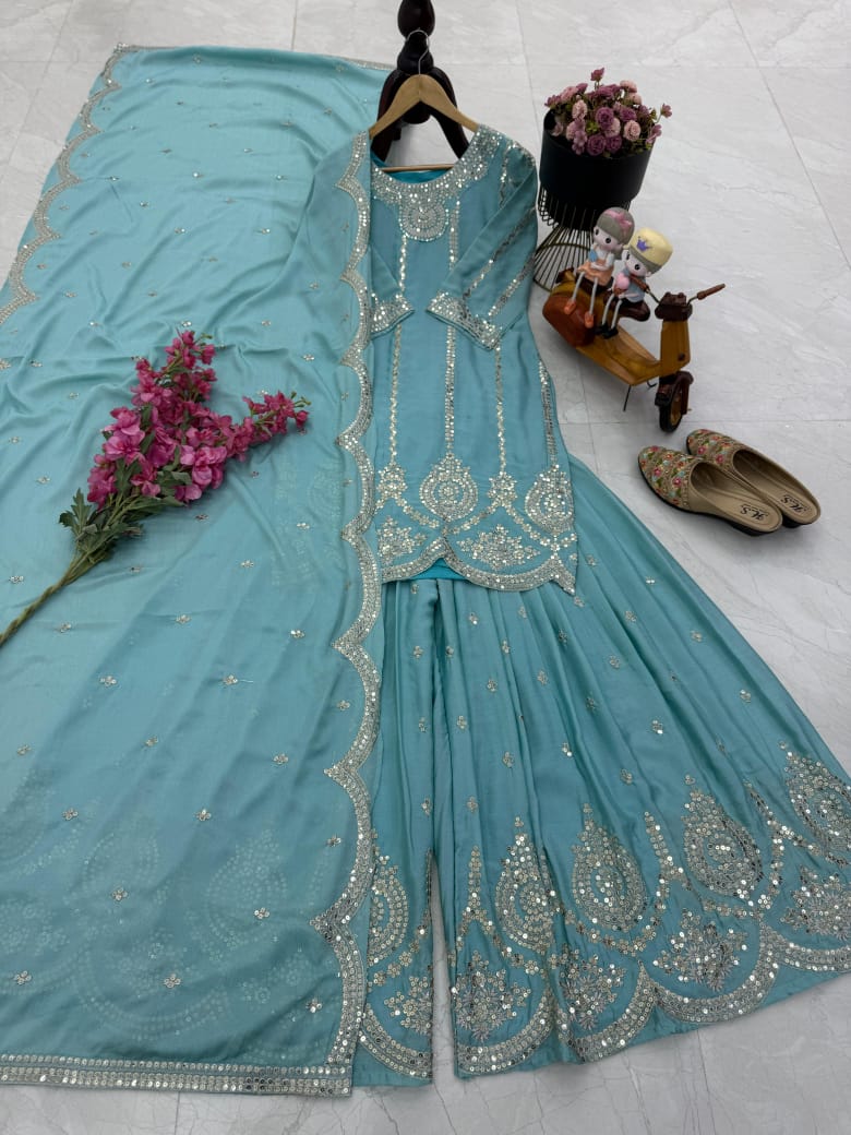 Trendy Party Wear Plazzo & Dupatta Set With Sequence Embroidery Work (MAS_ZF_6003_Sky)