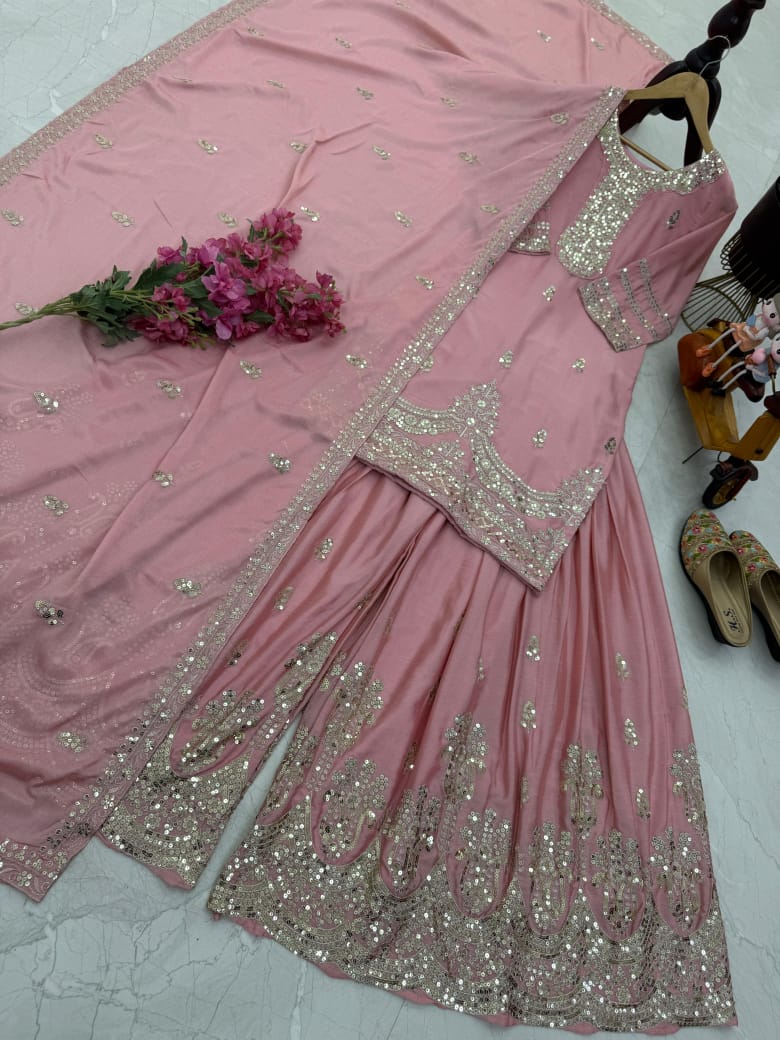 Festive Wear Pink Plazzo & Dupatta Set With Sequence Embroidery Work (MAS_ZF_6003_Pink)