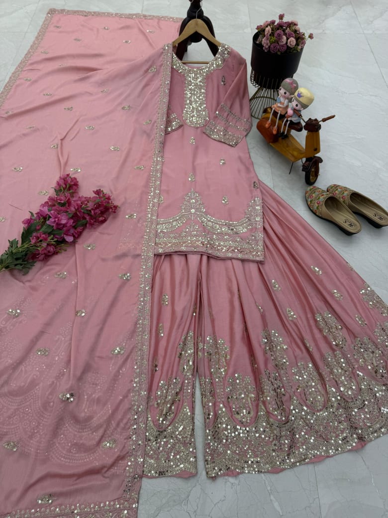 Festive Wear Pink Plazzo & Dupatta Set With Sequence Embroidery Work (MAS_ZF_6003_Pink)
