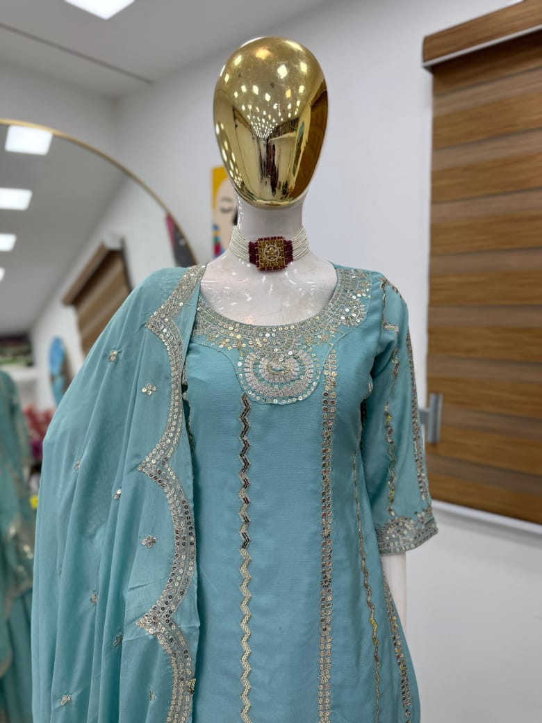 Trendy Party Wear Plazzo & Dupatta Set With Sequence Embroidery Work (MAS_ZF_6003_Sky)