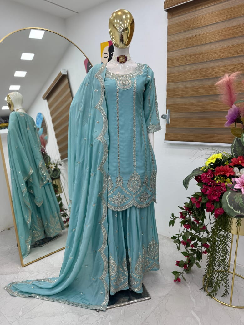 Trendy Party Wear Plazzo & Dupatta Set With Sequence Embroidery Work (MAS_ZF_6003_Sky)