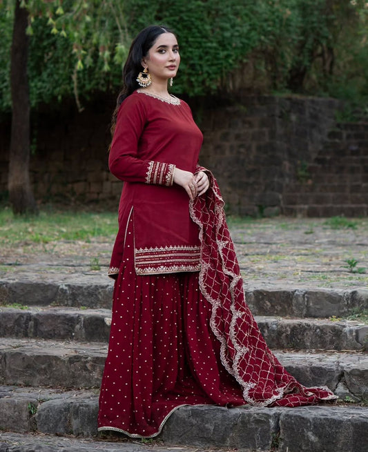 Glamourous Maroon Sharara Suit With Fancy Dupatta With Heavy Embroidery Work ( MAS_BF_069 )