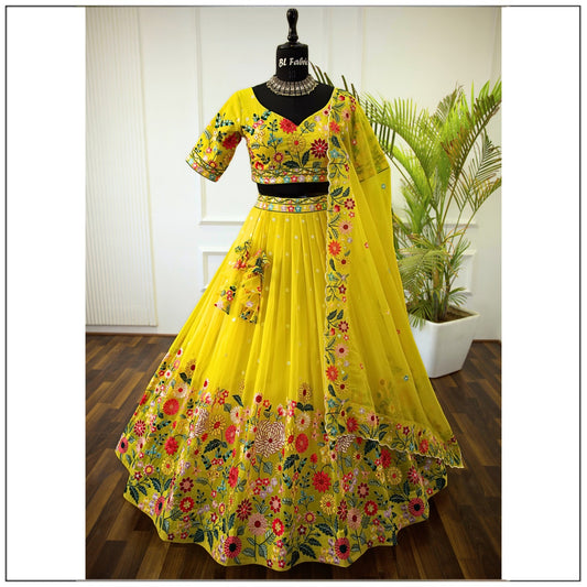 Charming Heavy Embroidery Thread & Sequence Work Yellow Colorful Lehenga Choli ( MAS_TF_374 )