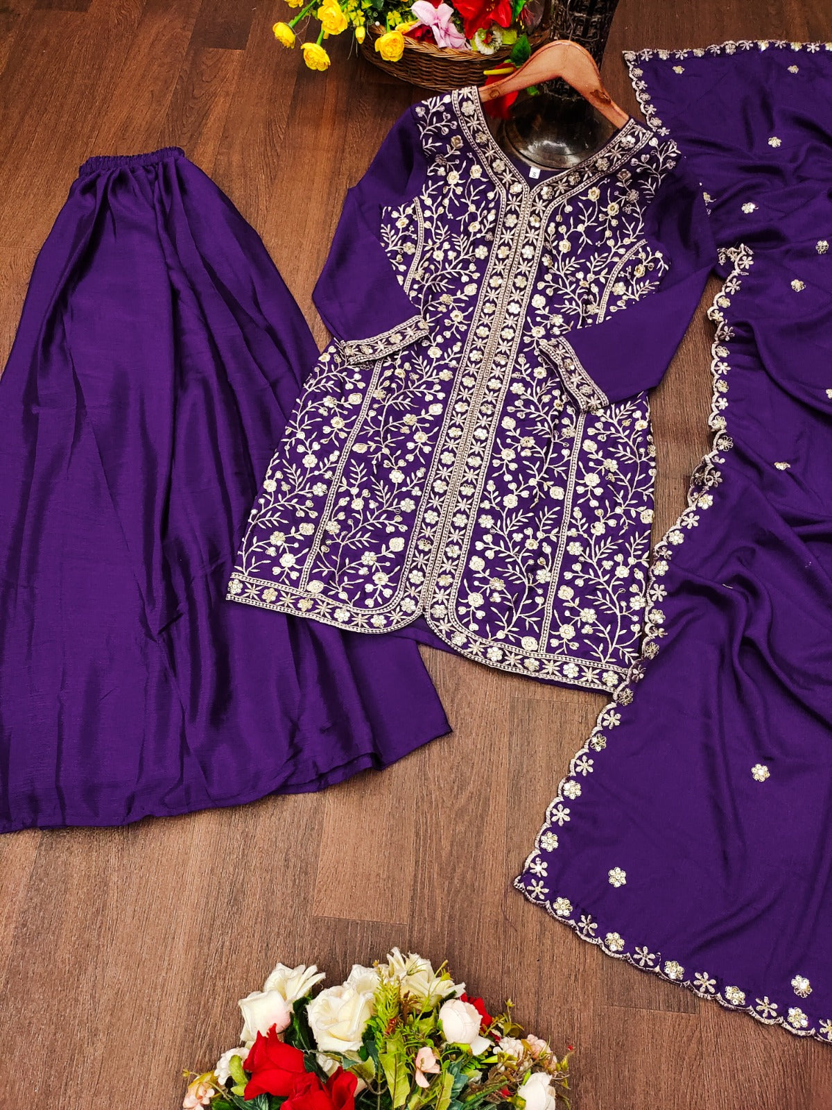 New Designer Chinon Sharara Suit With Sequence and Embroidered Work ( MAS_FE_54_Purple )