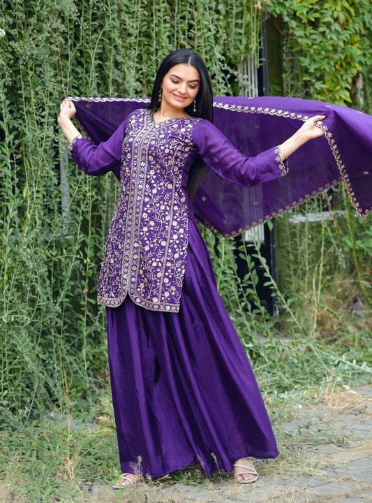 New Designer Chinon Sharara Suit With Sequence and Embroidered Work ( MAS_FE_54_Purple )