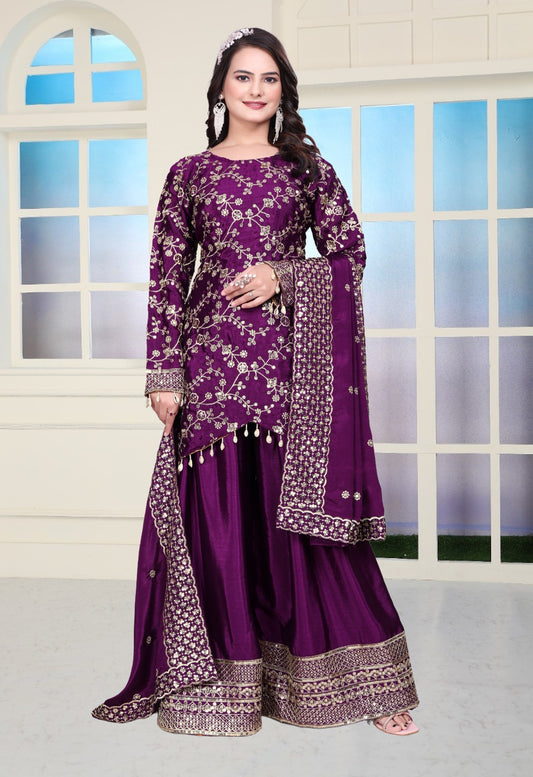 Exclusive Embroidered Wine Color Chinon Sharara Suit With Sequence Work ( MAS_FE_56 )