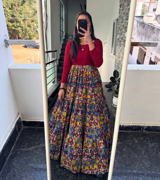 Trendy Hakoba Kalamkari Printed Gown (MAS_MC_1065_Maroon)