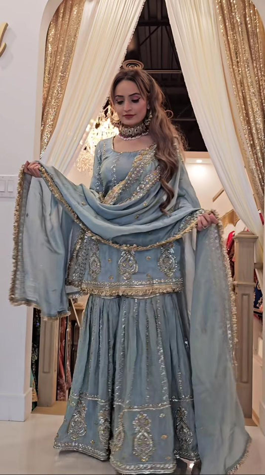 Ravishing Chinon Silk Sharara Suit With Heavy Embroidery Work (MAS_NF_1235_Gray)