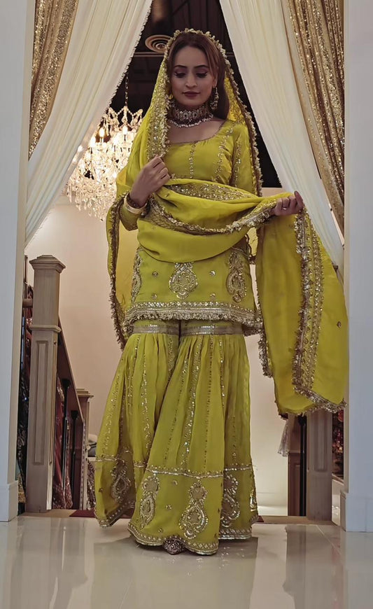 Glamourous Chinon Silk Sharara Suit With Heavy Embroidery Work (MAS_NF_1235_Mehendi)