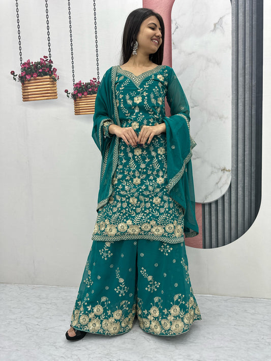 Exclusive Party Wear Sharara Suit With Heavy Embroidery Sequence Work With Fancy Sleeves ( MAS_PF_028_Rama )