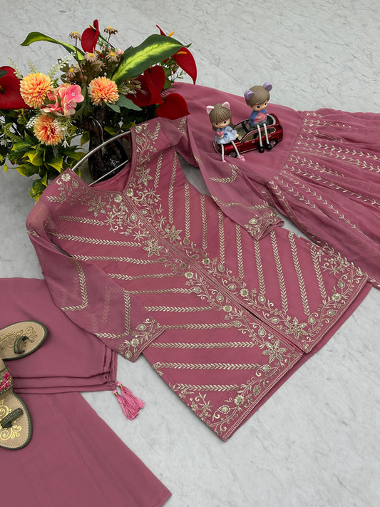 Beautiful Pink  Faux Georgette Sharara Suit With Heavy Embroidery Sequence Work (MAS_PF_030_Pink)