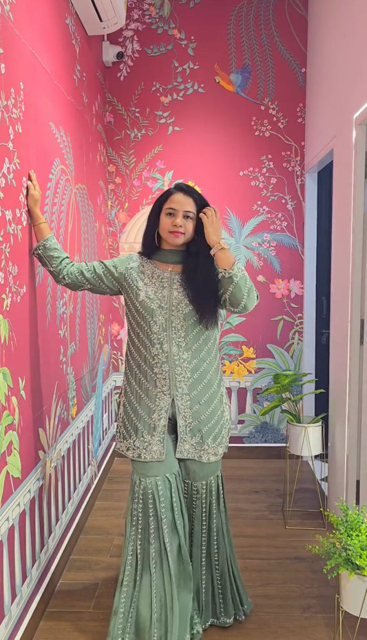 Decent Faux Georgette Sharara Suit With Heavy Embroidery Sequence Work (MAS_PF_030_Green)