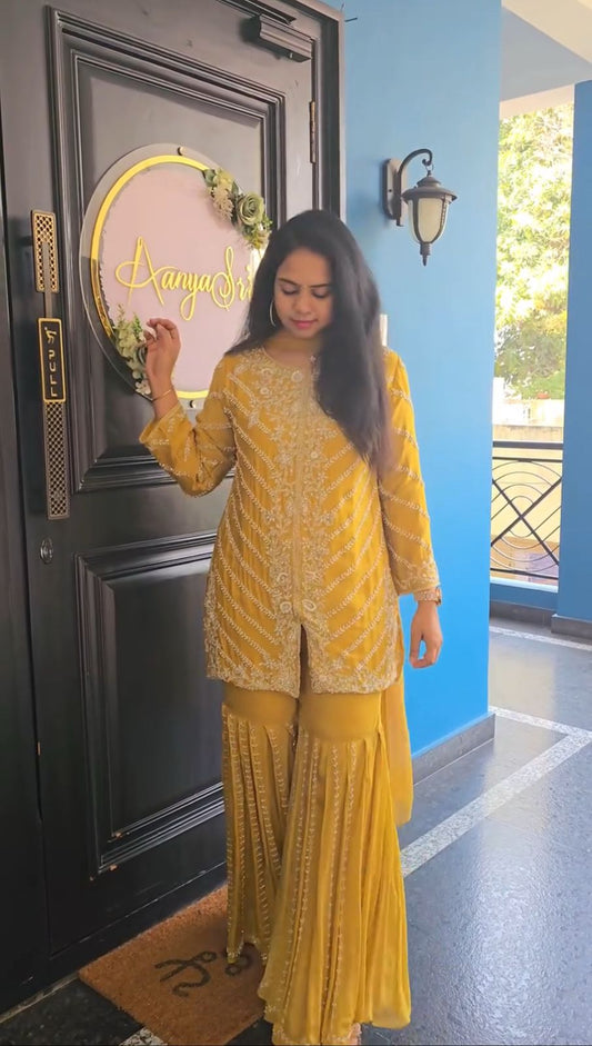 Charming Yellow Faux Georgette Sharara Suit With Heavy Embroidery Sequence Work (MAS_PF_030_Yellow)
