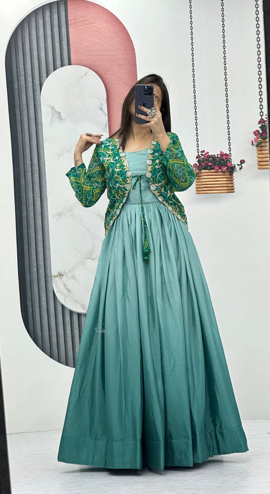 Classy Party Wear Pure Chinon Gown With Fancy Jacket (MAS_Ram_042_Green)