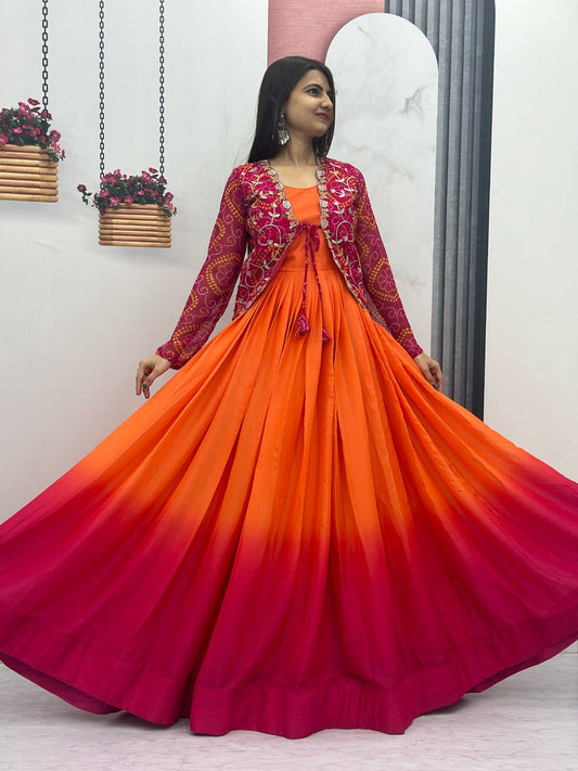 Pretty Party Wear Pure Chinon Gown With Fancy Jacket (MAS_Ram_042_Pink)
