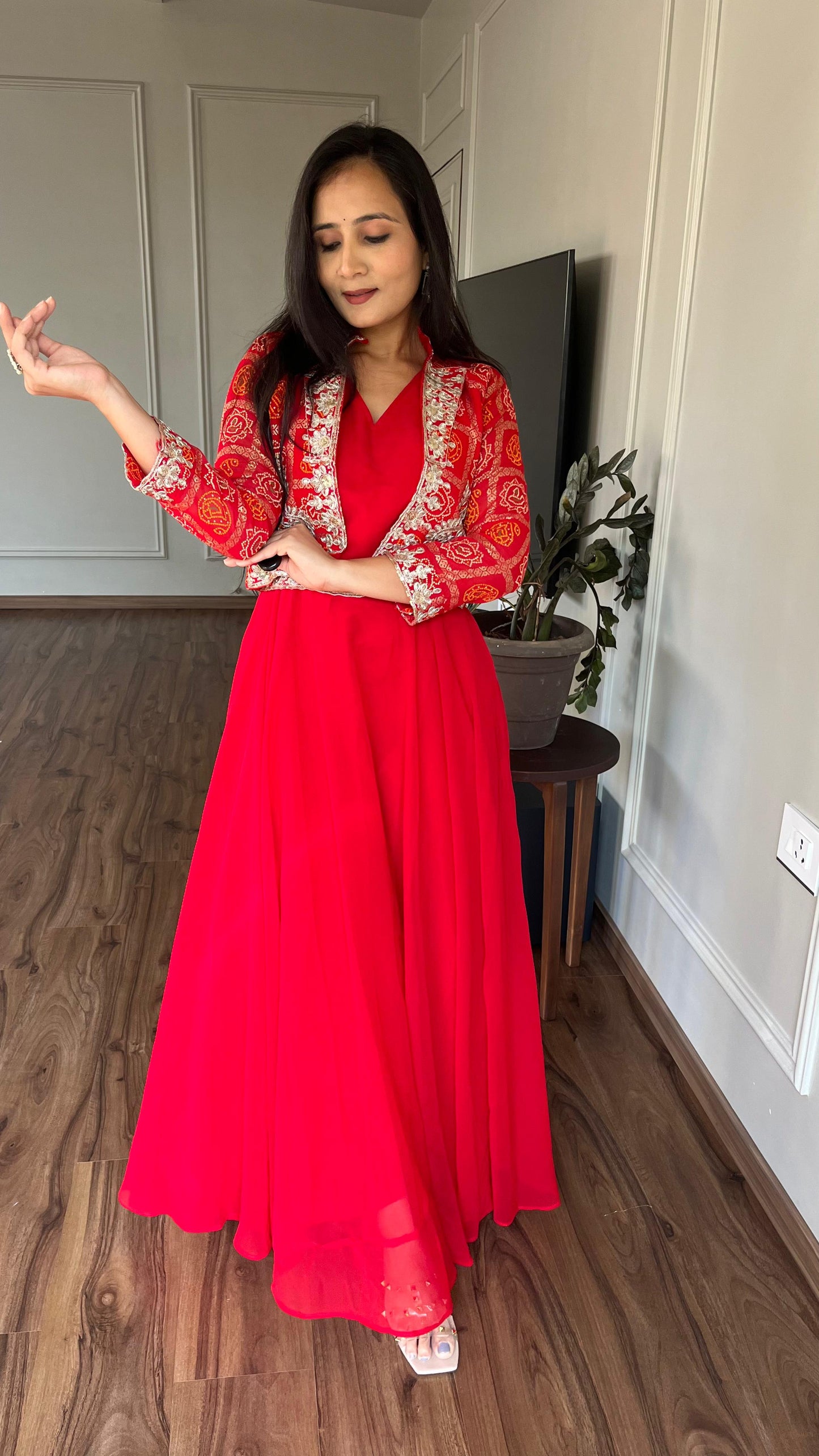 Glamourous Bandhej Jacket & Gown Set With Embroidery Cording Sequence Work ( MAS_RAM_057_Red )