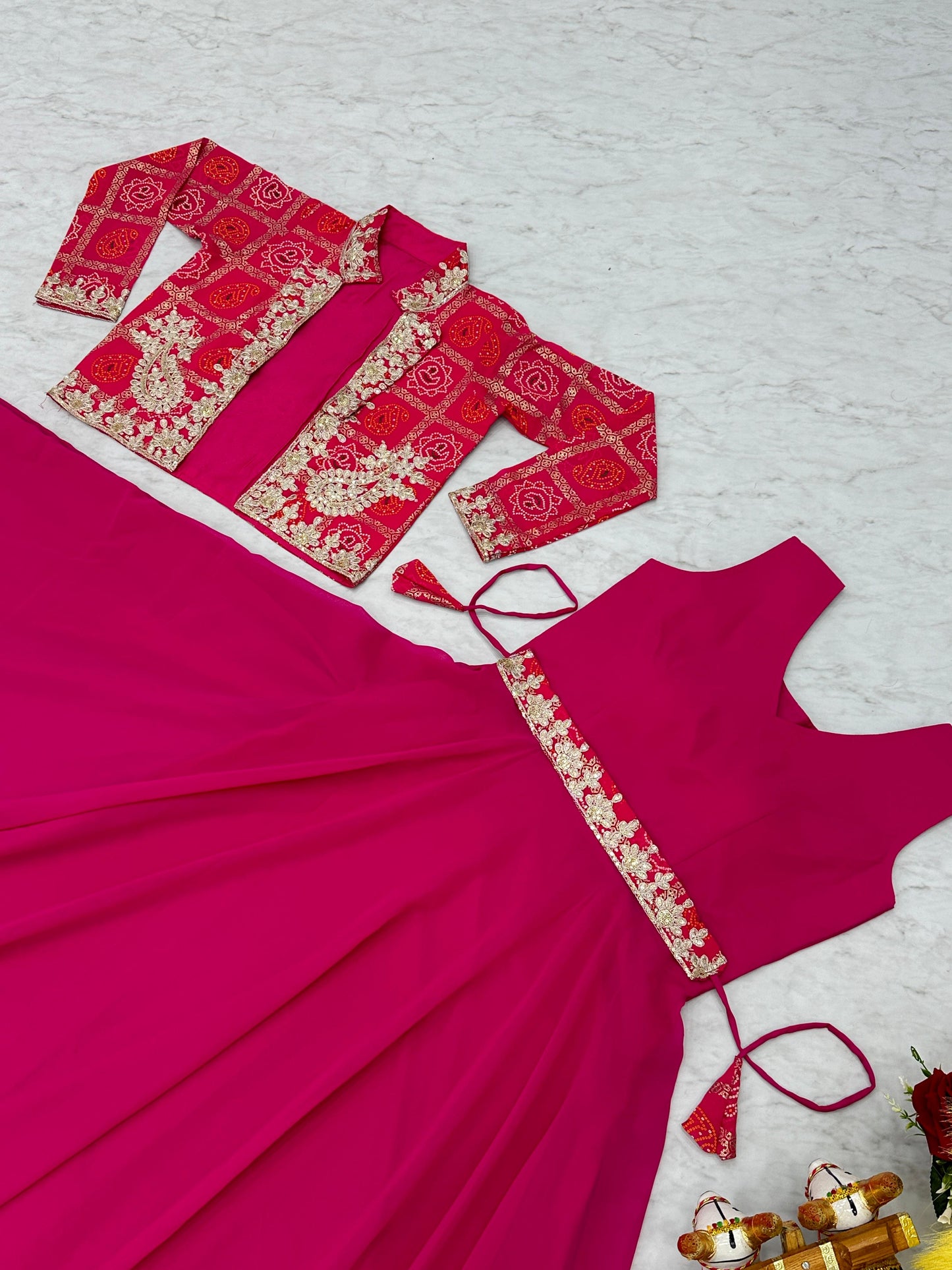 Demanding Bandhej Jacket & Gown Set With Embroidery Cording Sequence Work ( MAS_RAM_057_Pink )