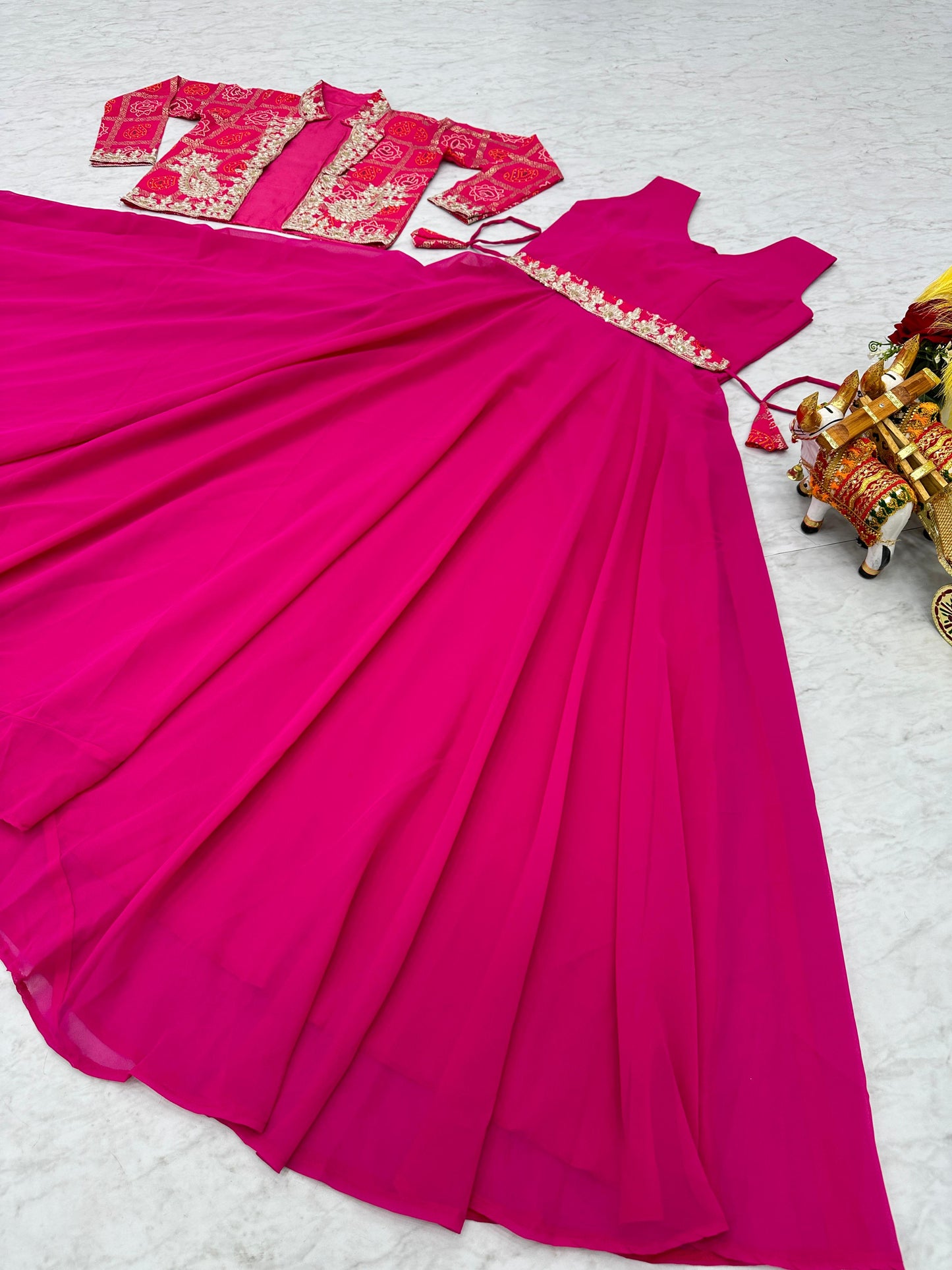 Demanding Bandhej Jacket & Gown Set With Embroidery Cording Sequence Work ( MAS_RAM_057_Pink )