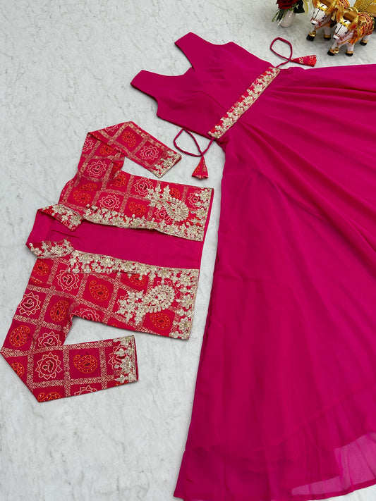 Demanding Bandhej Jacket & Gown Set With Embroidery Cording Sequence Work ( MAS_RAM_057_Pink )