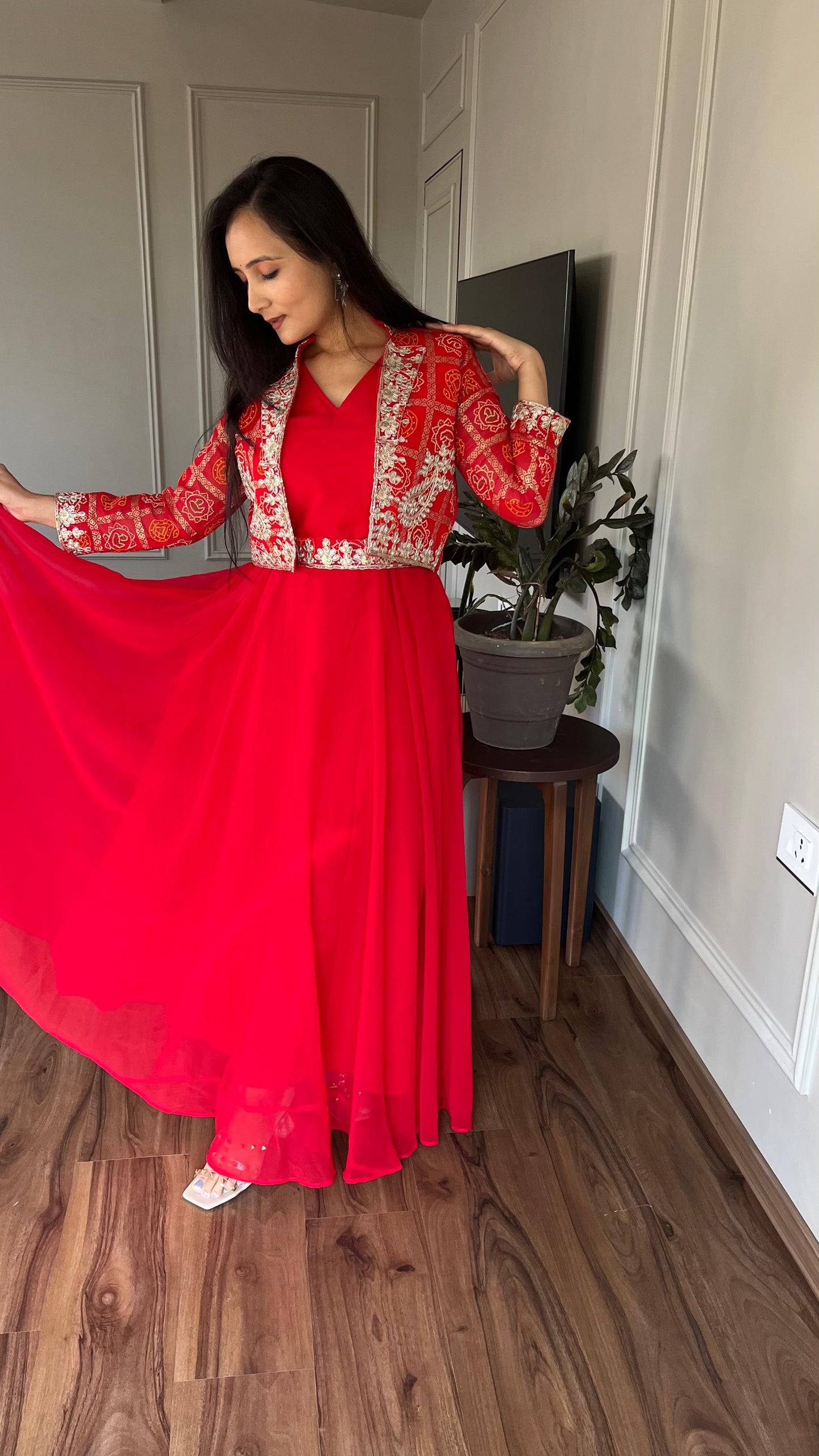 Glamourous Bandhej Jacket & Gown Set With Embroidery Cording Sequence Work ( MAS_RAM_057_Red )