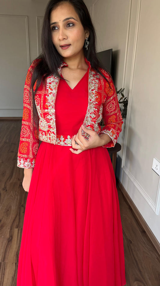 Glamourous Bandhej Jacket & Gown Set With Embroidery Cording Sequence Work ( MAS_RAM_057_Red )