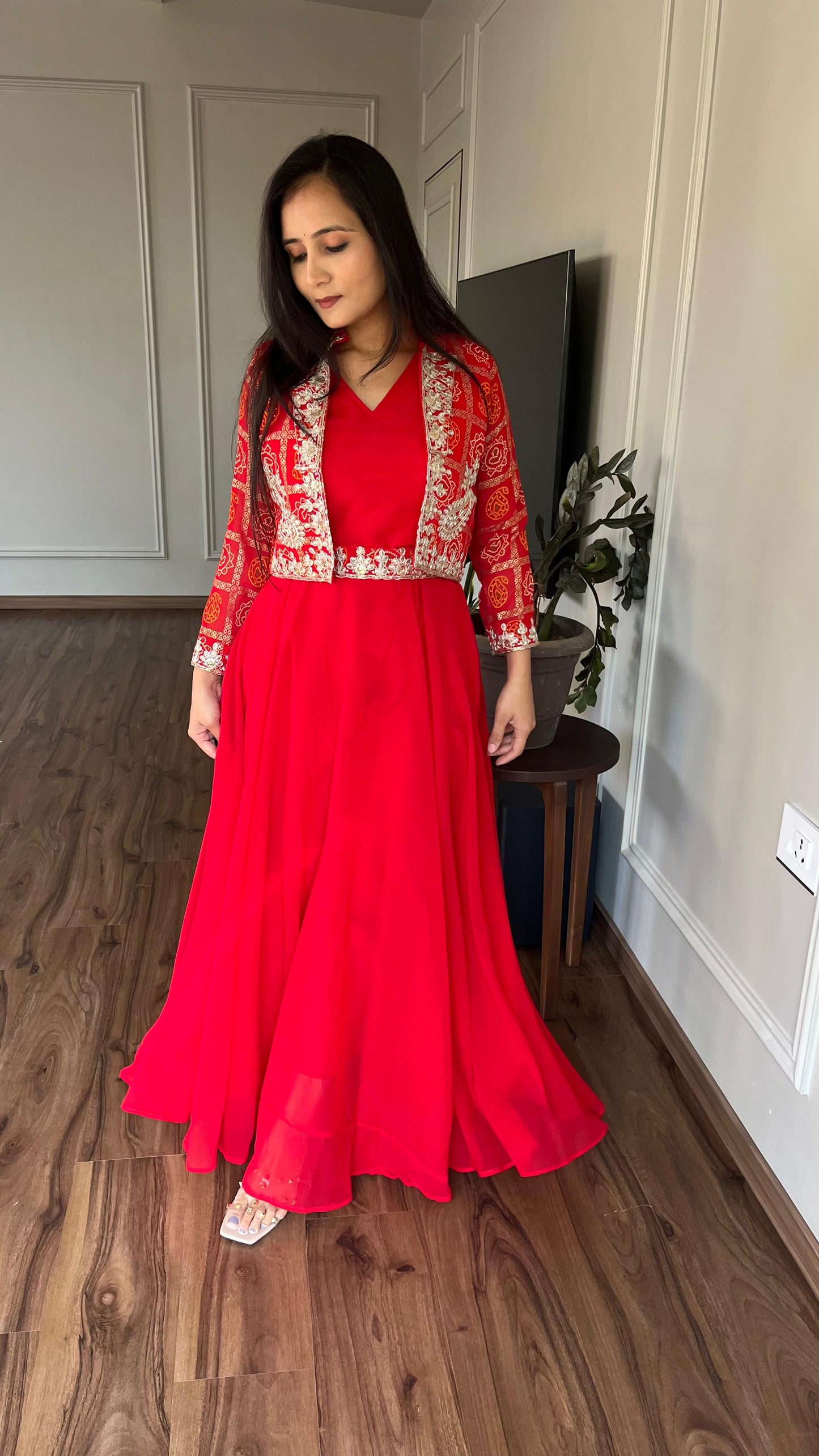 Glamourous Bandhej Jacket & Gown Set With Embroidery Cording Sequence Work ( MAS_RAM_057_Red )