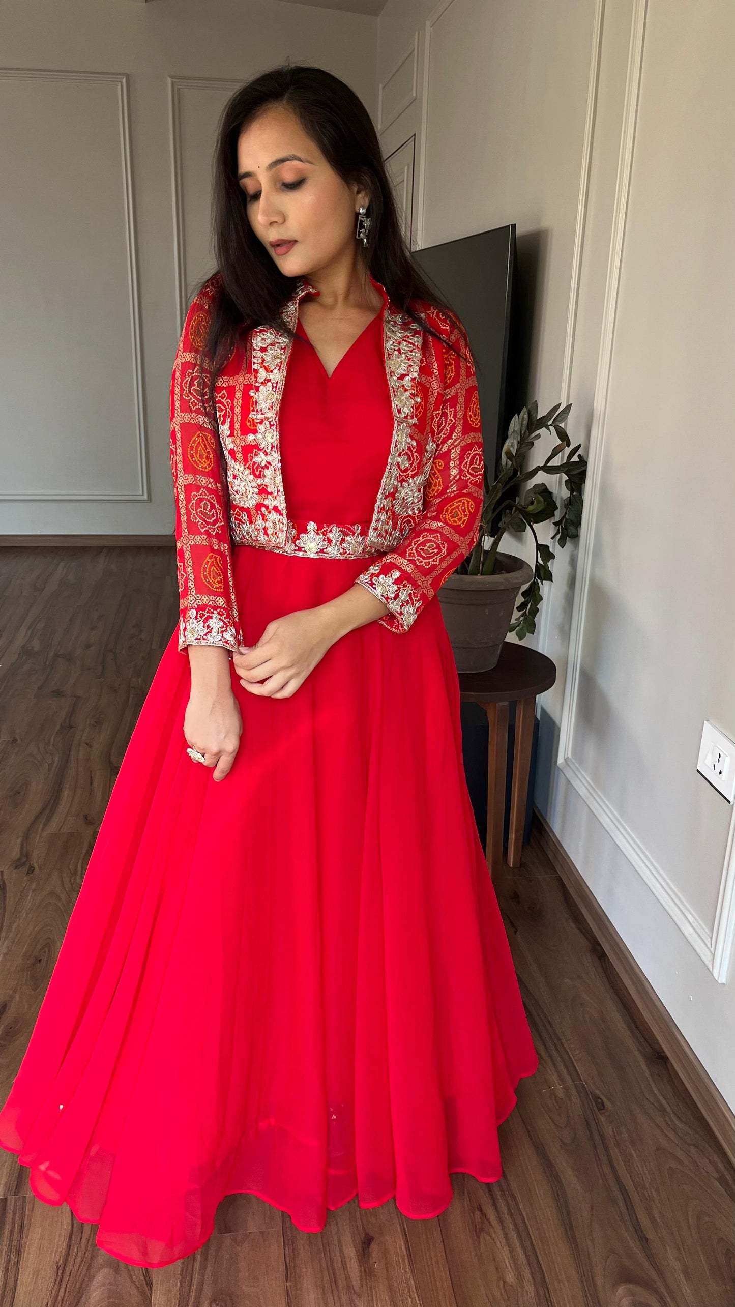 Glamourous Bandhej Jacket & Gown Set With Embroidery Cording Sequence Work ( MAS_RAM_057_Red )