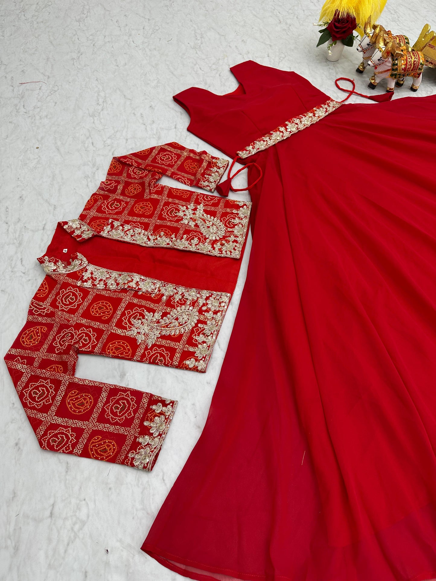 Glamourous Bandhej Jacket & Gown Set With Embroidery Cording Sequence Work ( MAS_RAM_057_Red )