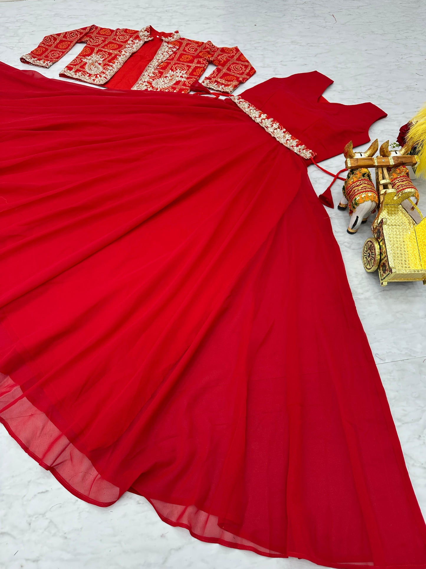 Glamourous Bandhej Jacket & Gown Set With Embroidery Cording Sequence Work ( MAS_RAM_057_Red )
