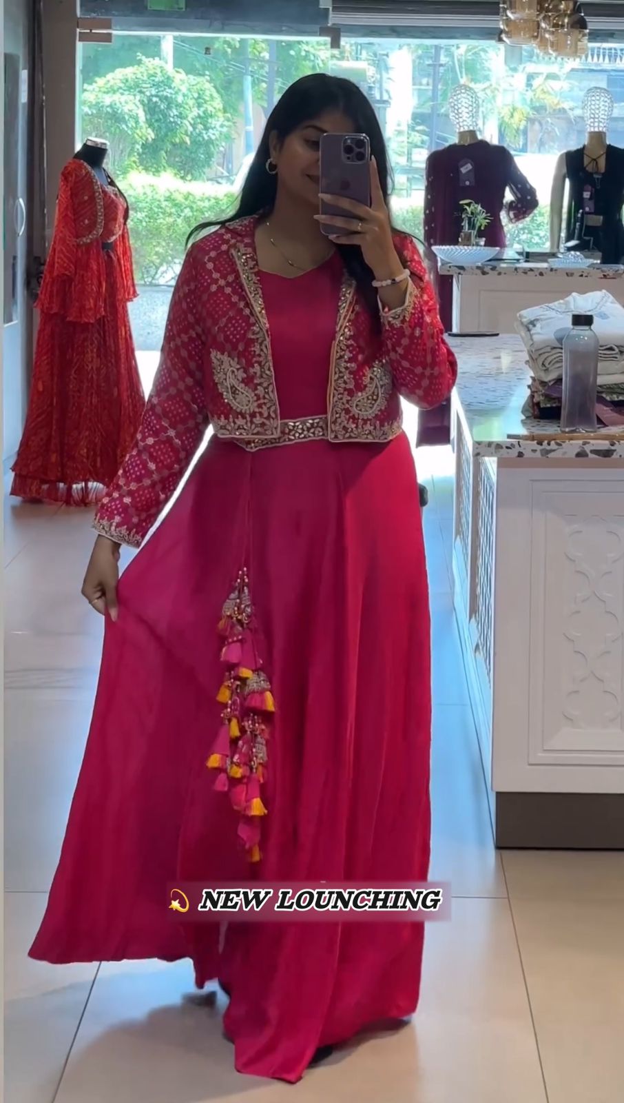Demanding Bandhej Jacket & Gown Set With Embroidery Cording Sequence Work ( MAS_RAM_057_Pink )
