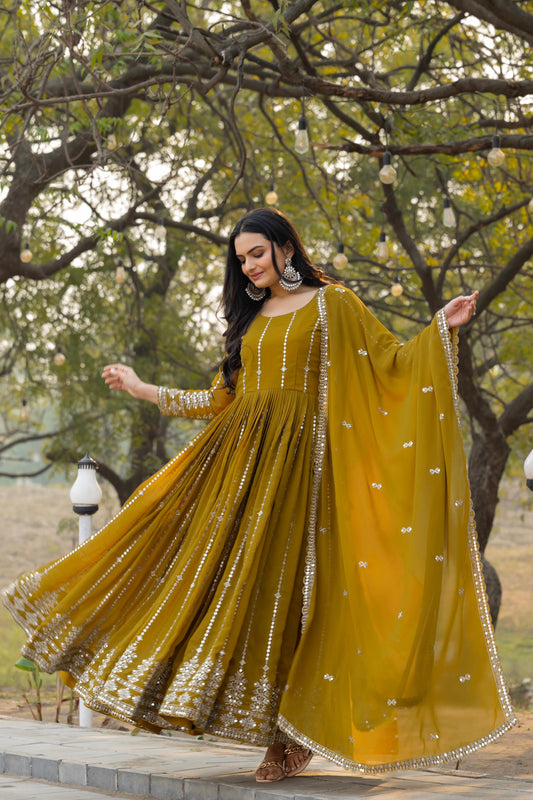 Mesmerising Mehendi Color Gown & Dupatta Set With Heavy Sequence Embroidery Work ( MAS_RAM_080_Mehendi )