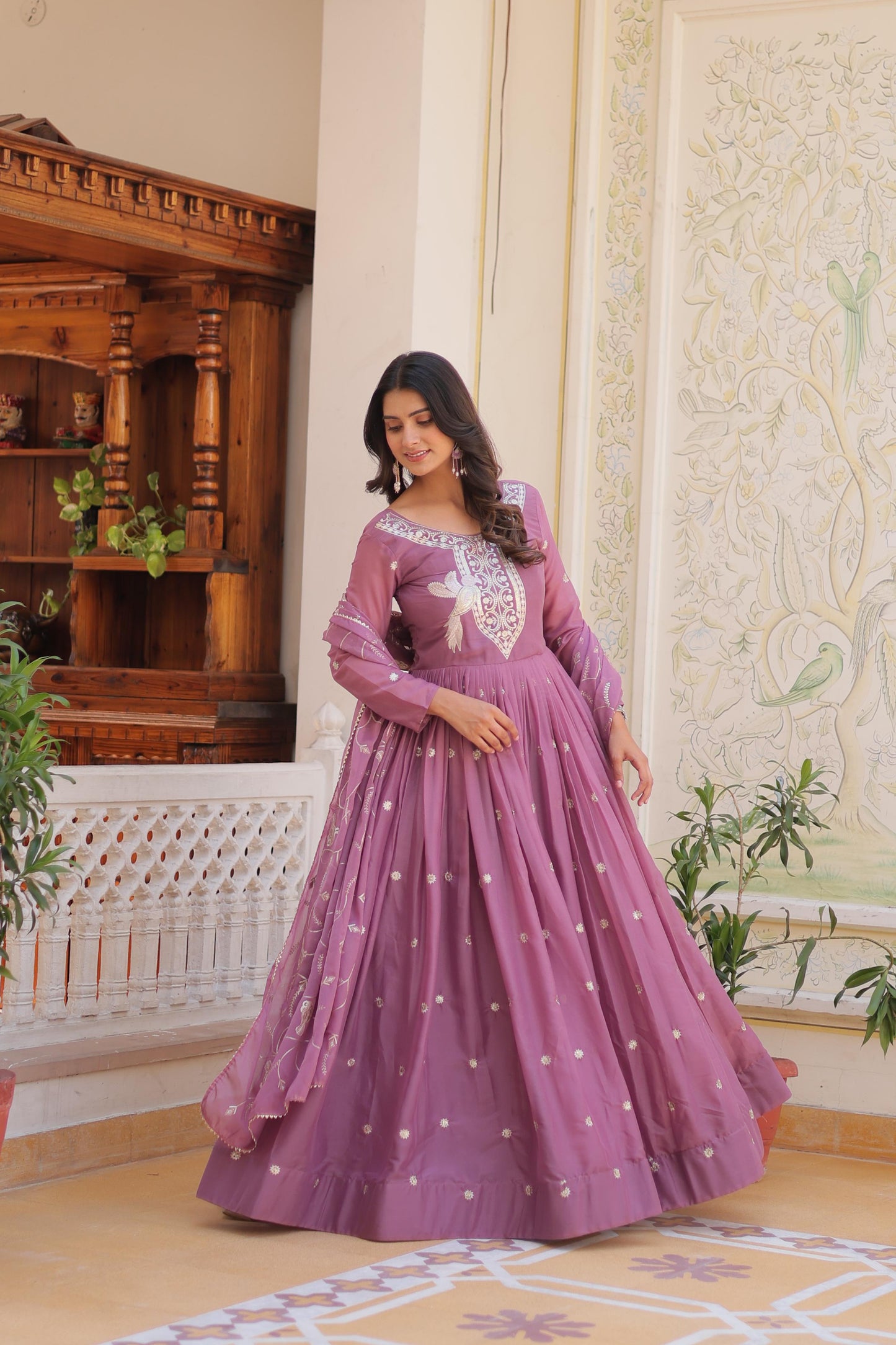 Delightful Festive Gown & Dupatta Set With Sequence Embroidery Work ( MAS_RAM_081_Pink )