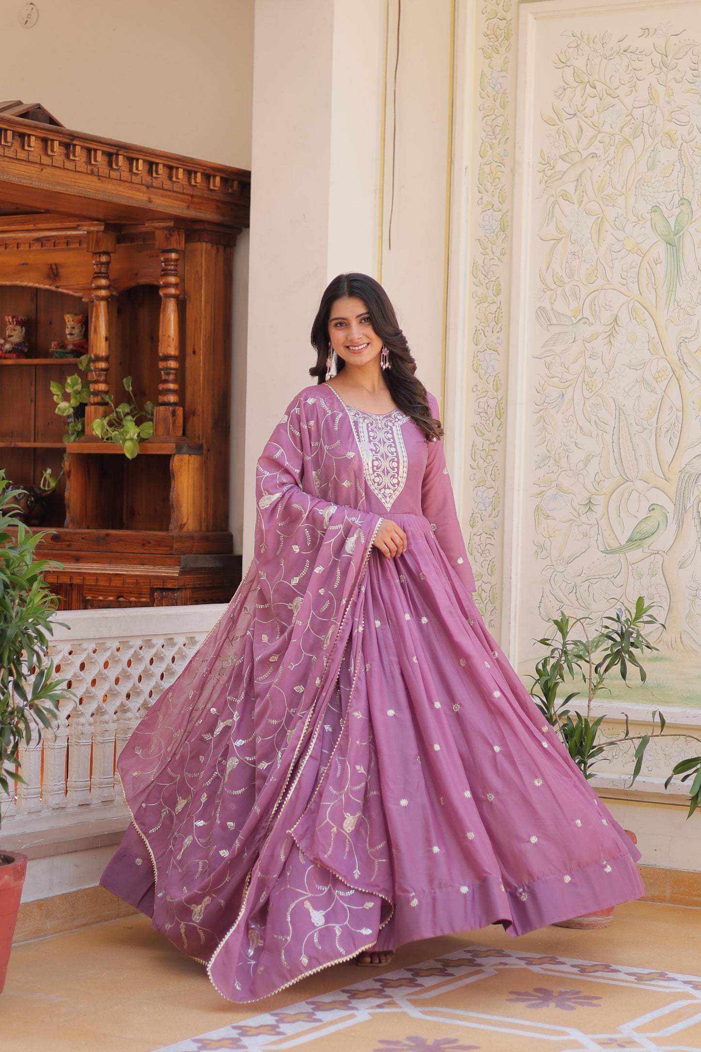 Delightful Festive Gown & Dupatta Set With Sequence Embroidery Work ( MAS_RAM_081_Pink )