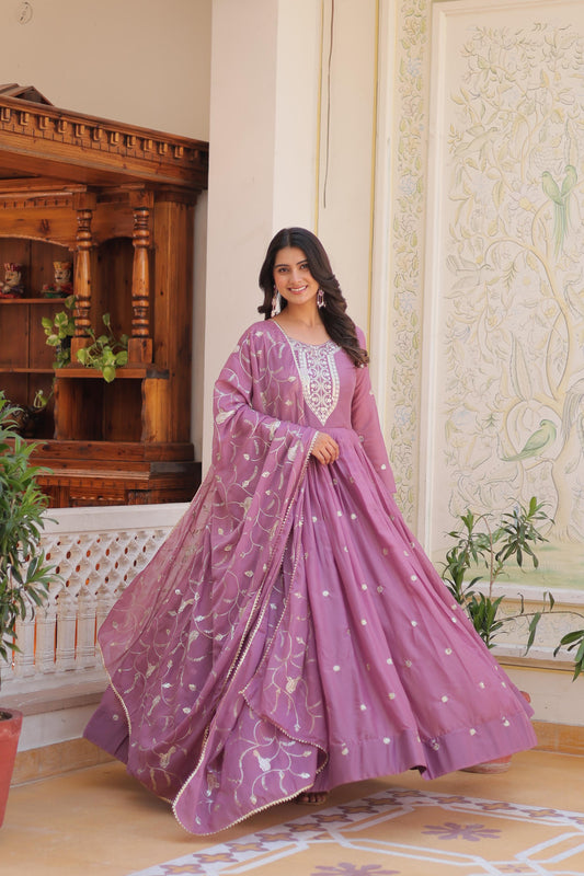 Delightful Festive Gown & Dupatta Set With Sequence Embroidery Work ( MAS_RAM_081_Pink )