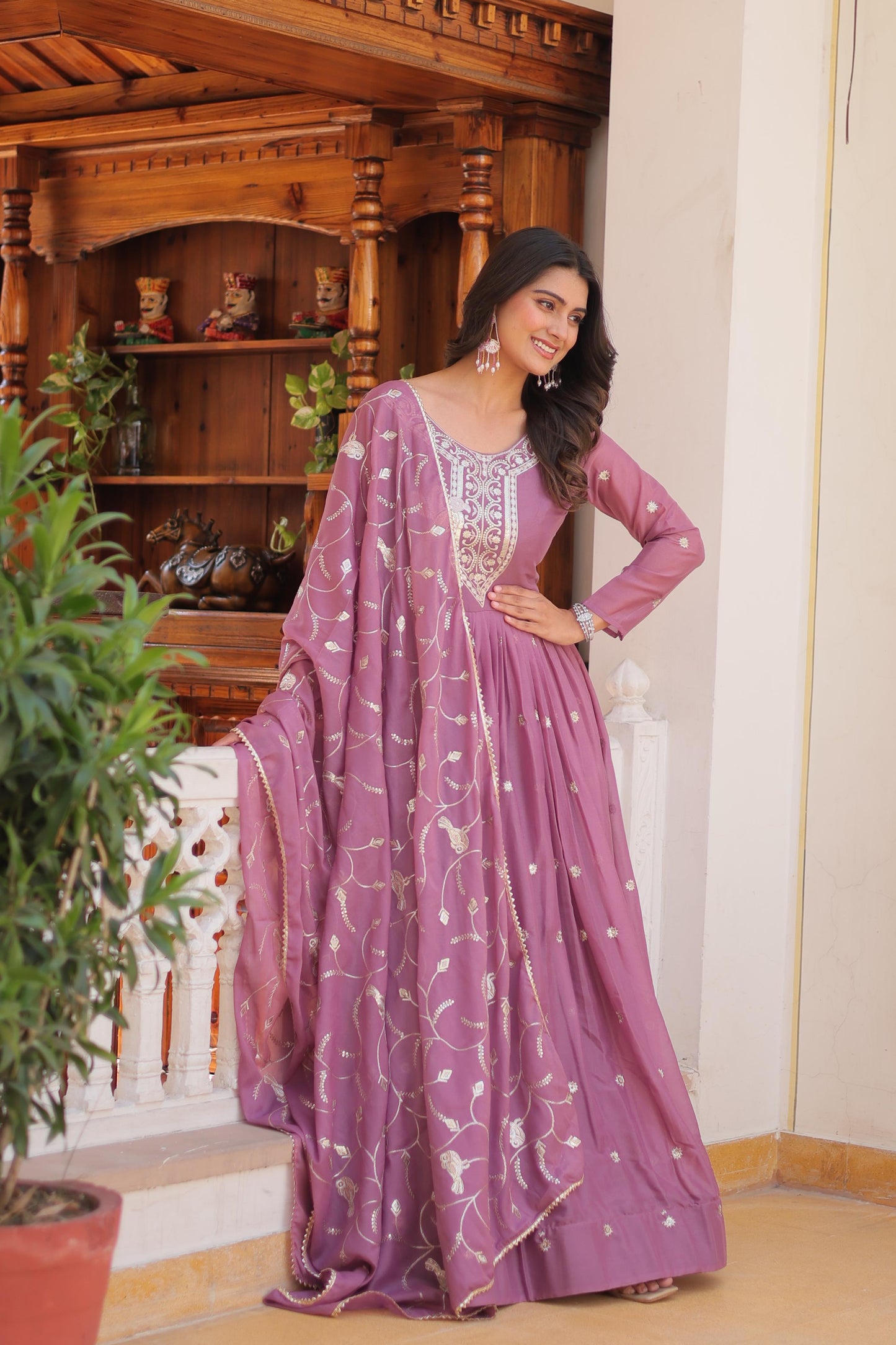 Delightful Festive Gown & Dupatta Set With Sequence Embroidery Work ( MAS_RAM_081_Pink )