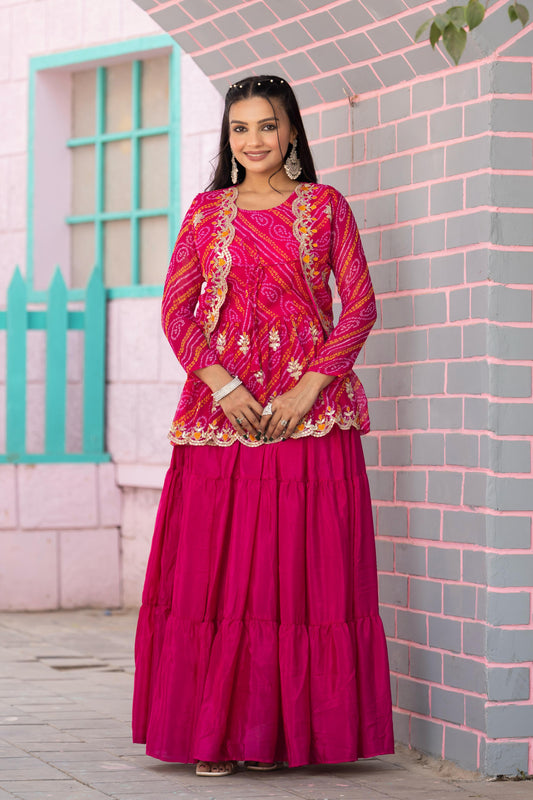 Designer Embroidery Pink Bandhej Lehenga Crop Top & Jacket ( MAS_RAM_091_Pink )