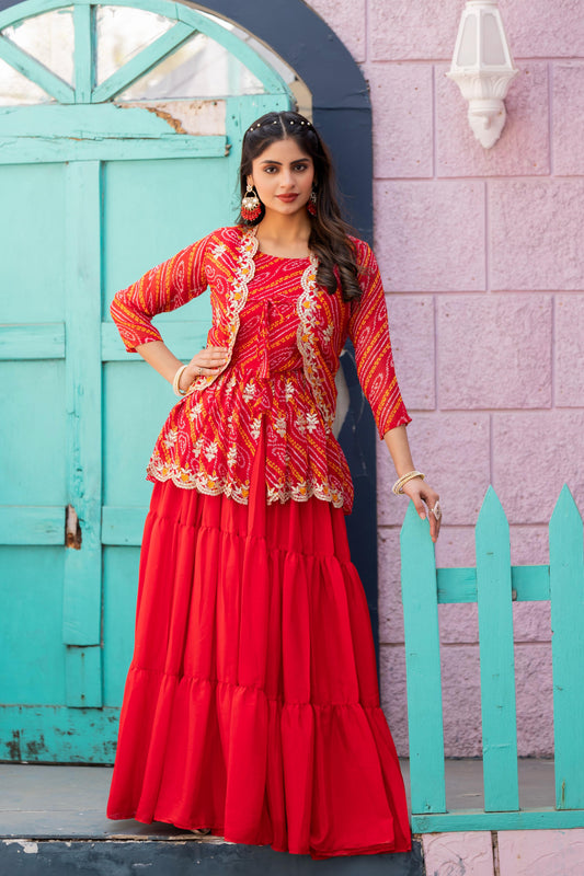 Designer Embroidery Red Bandhej Lehenga Crop Top & Jacket ( MAS_RAM_091_Red )