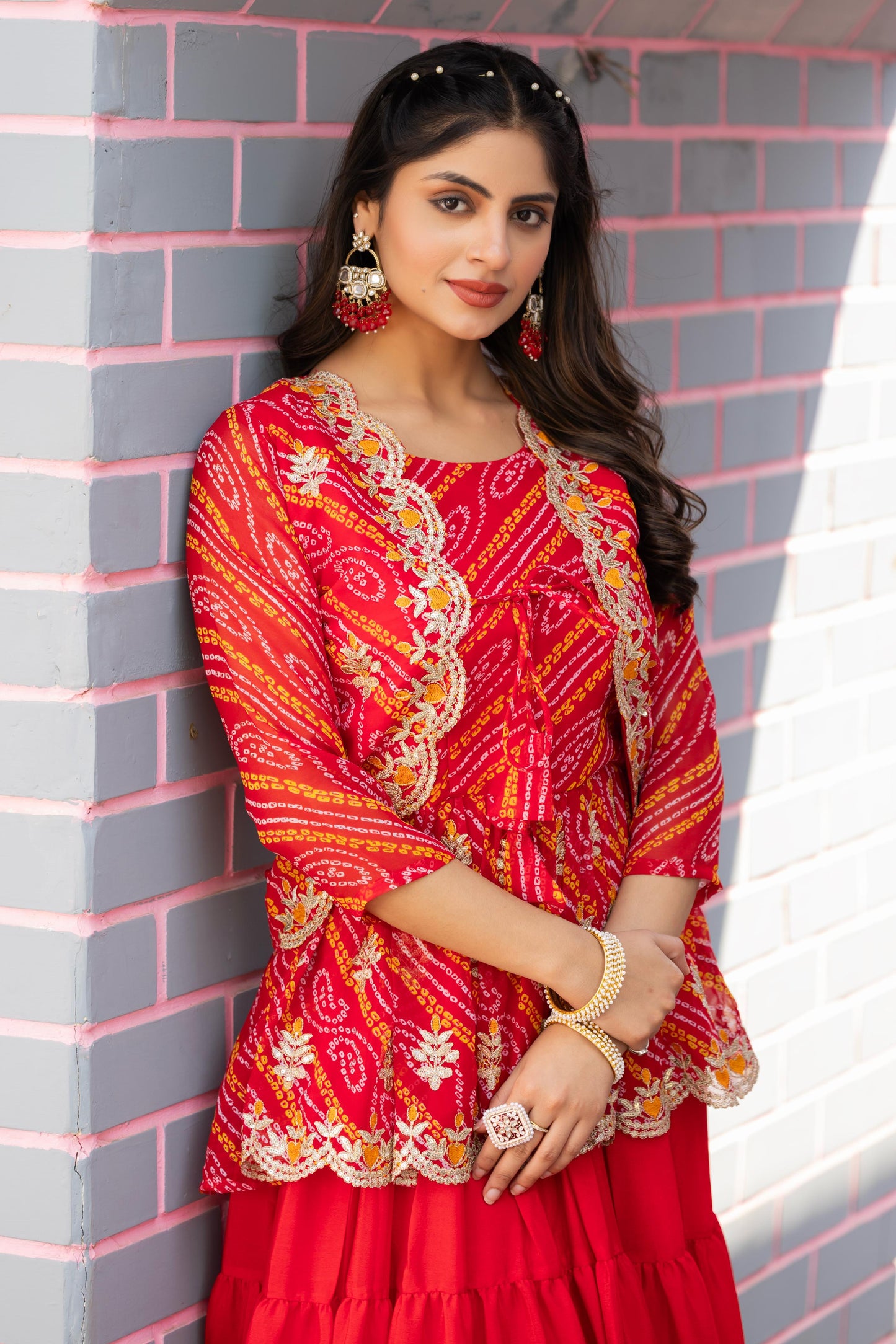 Designer Embroidery Red Bandhej Lehenga Crop Top & Jacket ( MAS_RAM_091_Red )