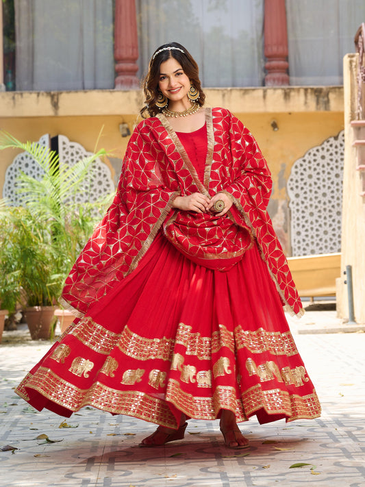 Eye Catching Red Festive Gown & Dupatta Set With Heavy Sequence Embroidery Work ( MAS_Ram_100_Red )