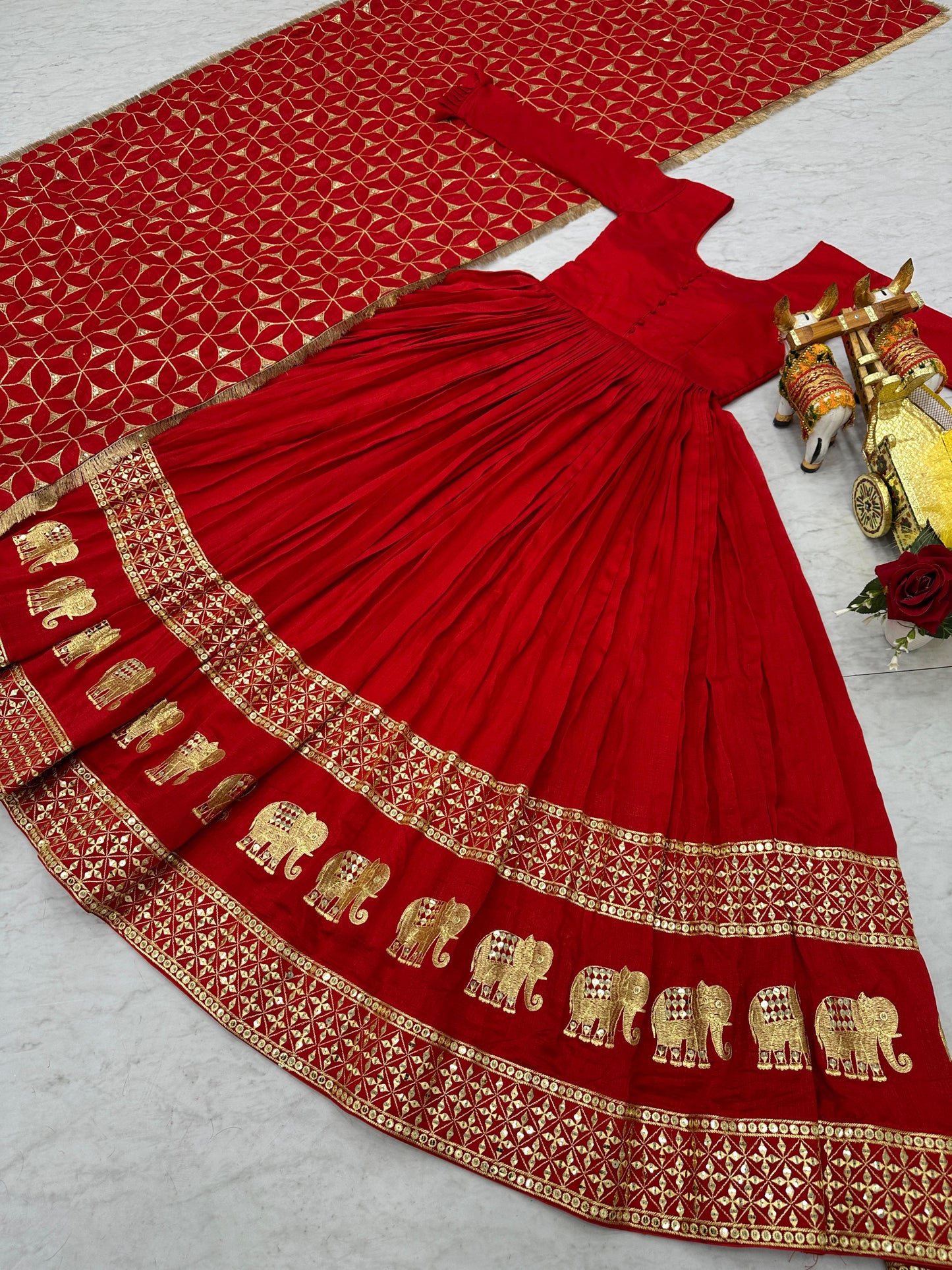 Eye Catching Red Festive Gown & Dupatta Set With Heavy Sequence Embroidery Work ( MAS_Ram_100_Red )